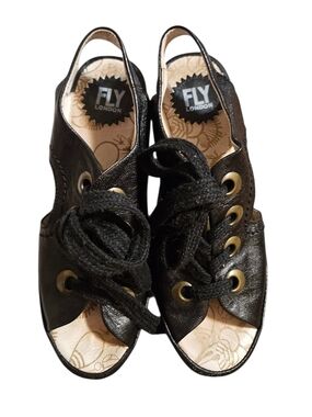 Fly London Yuta Black Lace Up Peep Toe Wedge Heel Sandals Women's Size 37 (US 7)